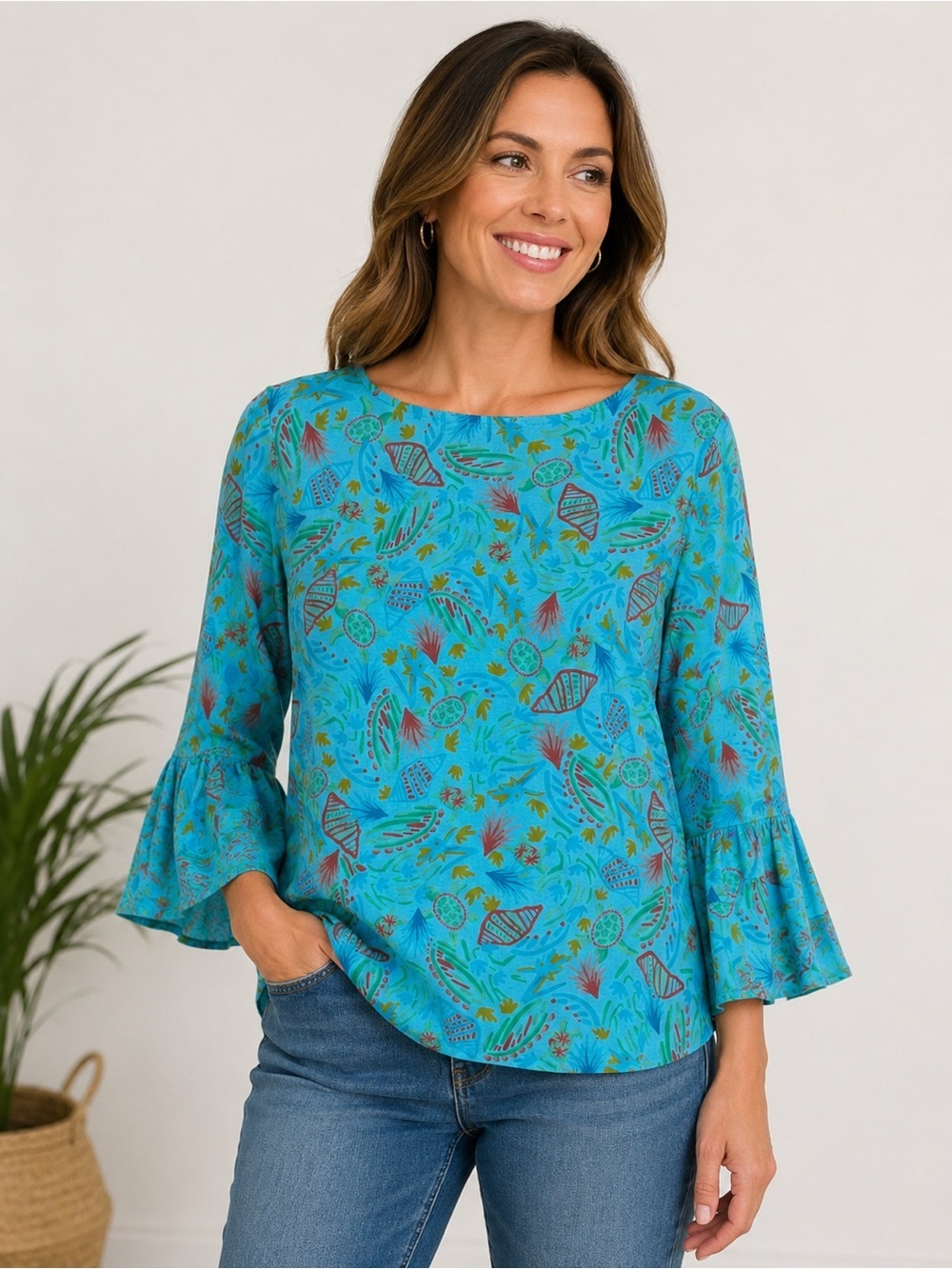 fresh produce Turquoise Multicolor Printed Long Sleeve Top